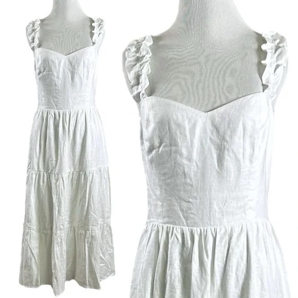 Reformation Dainty Ethereal White Linen Midi Dress Size 6 Ruffle Cottage - Picture 1 of 7